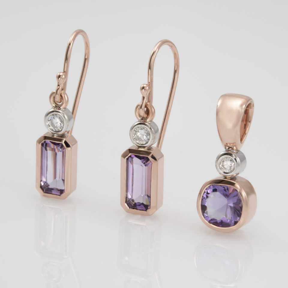 amethyst rose gold earrings and pendant